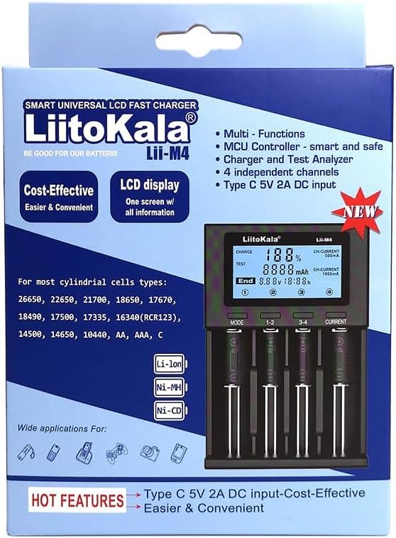 LII-M4 4-Bay 18650 Battery Charger, Universal Battery Charger,Test Battery Capacity,LCD Display Fast Charging for 3.7V 26650 18650 18350 20650 14500 18500 1.2V AA AAA C SC Size Batteries