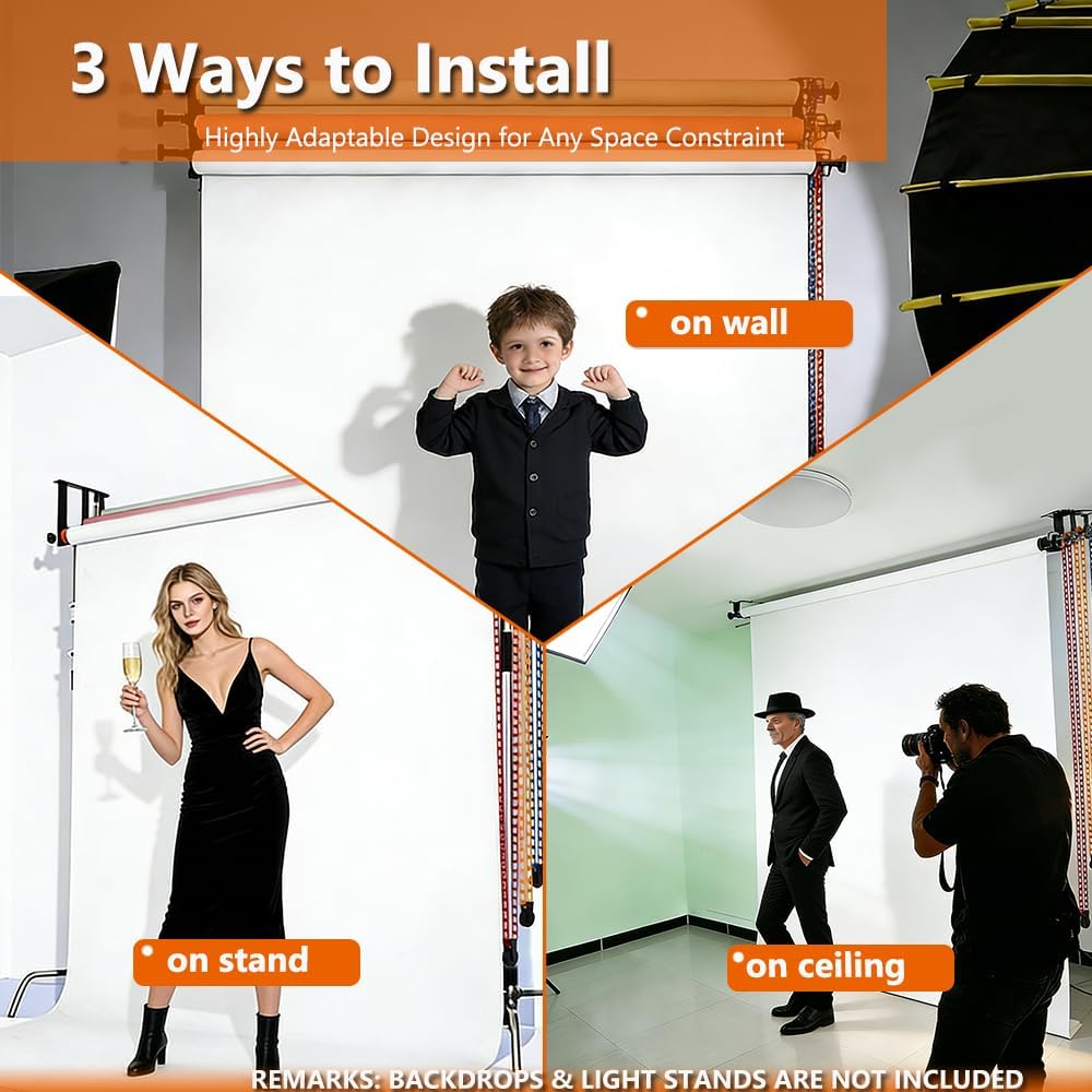 MagicLine Photography Backdrop Wall Mount 3 Roller Support System,Manual Photo Background Holder for Ceiling/Light Stand Mount & 2 Hooks,6 Expand Bars,3 Chains,Backdrop Stand for Home Studio