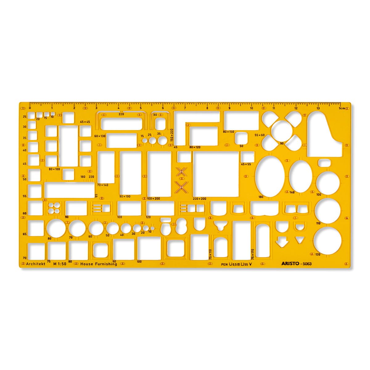 Aristo AR5063 Stencil per mobili da architetto (1:50, esposizione di piani di arredamento, gommini di inchiostro, plastica PET dimensionalmente stabile), arancione/trasparente