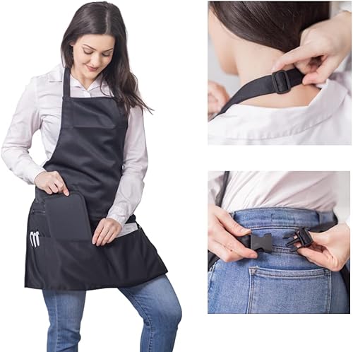 Miniatura 2 de Delantal negro de longitud completa con clip con 5 bolsillos y bolsa con cremallera, fácil de limpiar, ideal para servidores, cocina, limpieza,