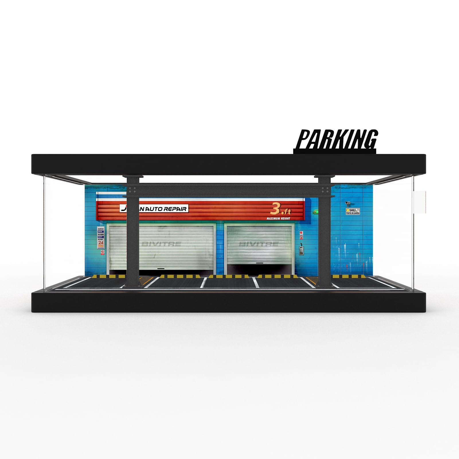 Hot Cars Wheels Display Case - 1/64 Scale Die-cast Model Car Display Case with LED Light and Acrylic Cover, Hot Diecast Wheels Parking Garage Dioramas with 9 Parking Spaces