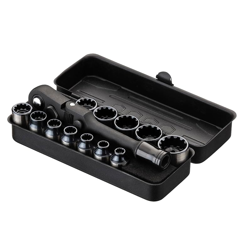 Kit de Soquetes KESI com Catraca Flexível 1/4 pol. (6,35 mm), Cabeça com Trava, Soquetes Spline de Perfil Baixo e Estojo, 13 peças
