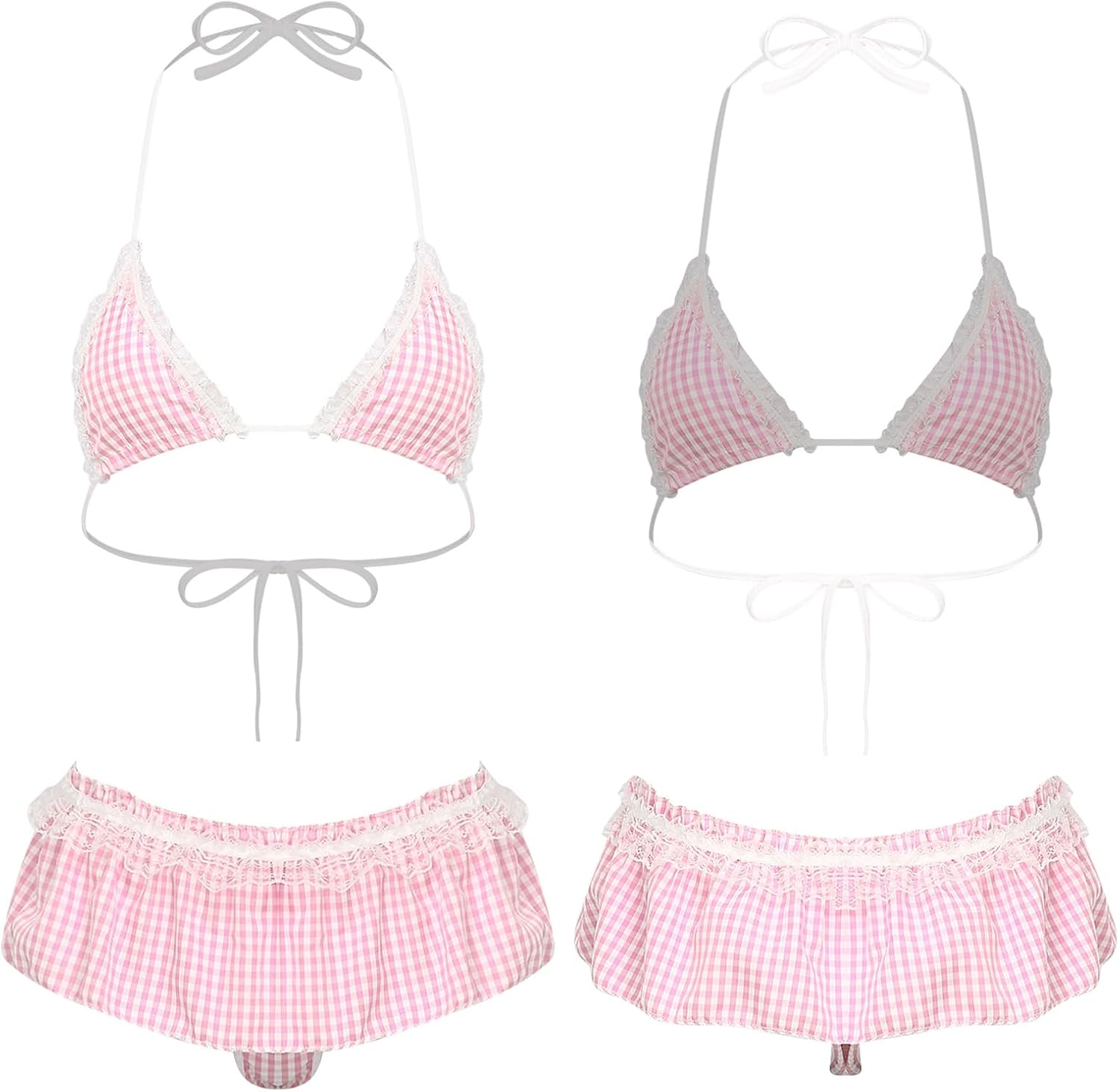 Extreme Swimwear for Women Halter Top and Panty Set Nightwear Plaid Teddy Tanning Suit Beachwear