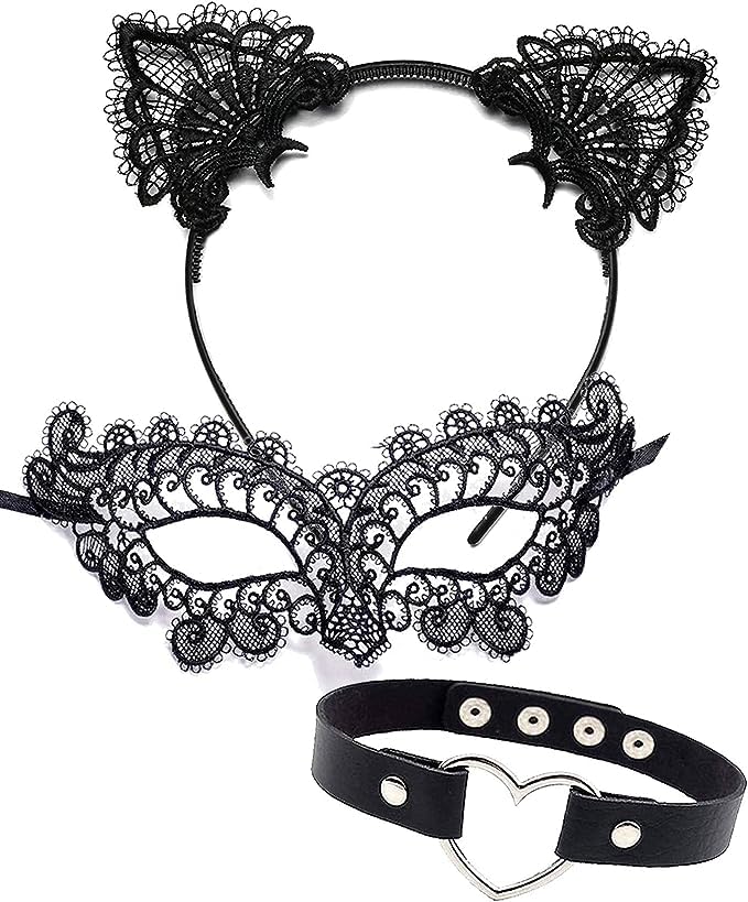 Black Cat Costume Accessories Cat Woman Sexy Costume for Women Halloween Masquerade Mask Adult, Lace Ears & Heart Choker Necklace