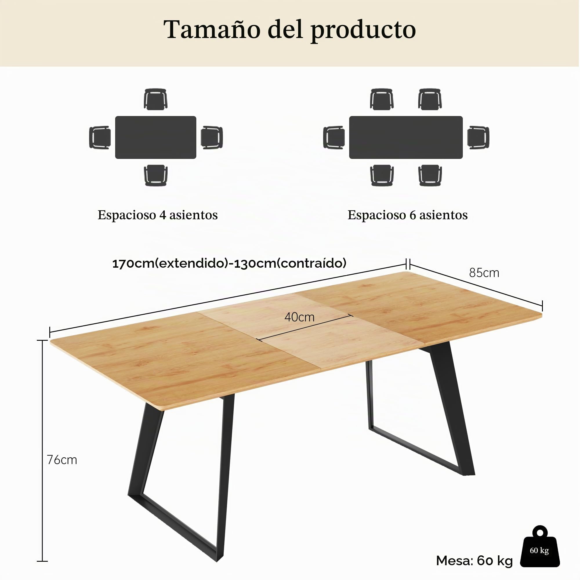 HIPIHOM Juego de mesa de comedor extensible de 130 a 170 cm, tablero de fibra de densidad media y estructura de metal, para 4 – 6 (1 mesa de comedor)