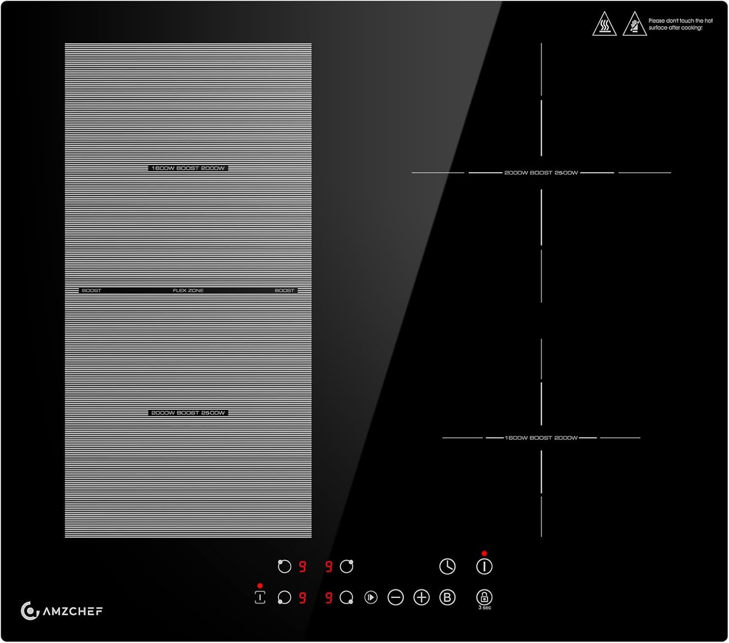 AMZCHEF Induction Hob 60 cm with Flex Zones, 4 Zone Induction Hob with Boost Function and 9 Power Levels, Pause Function, Timer, Safety Lock, Overheating Protection, BBQ, 7200 W