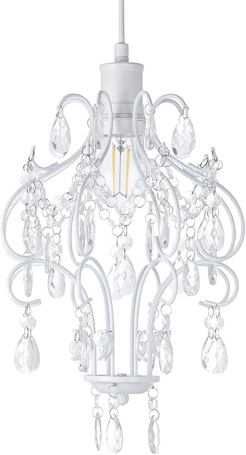 Traditional Matt White Shabby Chic Chandelier Style Pendant Ceiling Lamp Shade with Acrylic Beads and Droplets | 31cm x 24cm by Happy Homewares