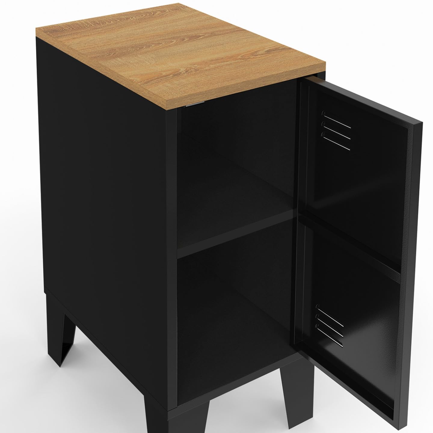 IDMarket - Lot de 2 Tables de Chevet étroites Ester 1 Porte métal Noir Plateau façon hêtre Design Industriel