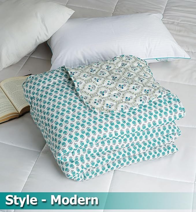 Image of SANMARINO Jaipuri Razai Single Bed Reversible Cotton Quilt | Traditional Ethnic Floral Print Dohar | Lightweight AC Comforter with Pure Cotton Filling | All-Season Blanket (Teal Blue)