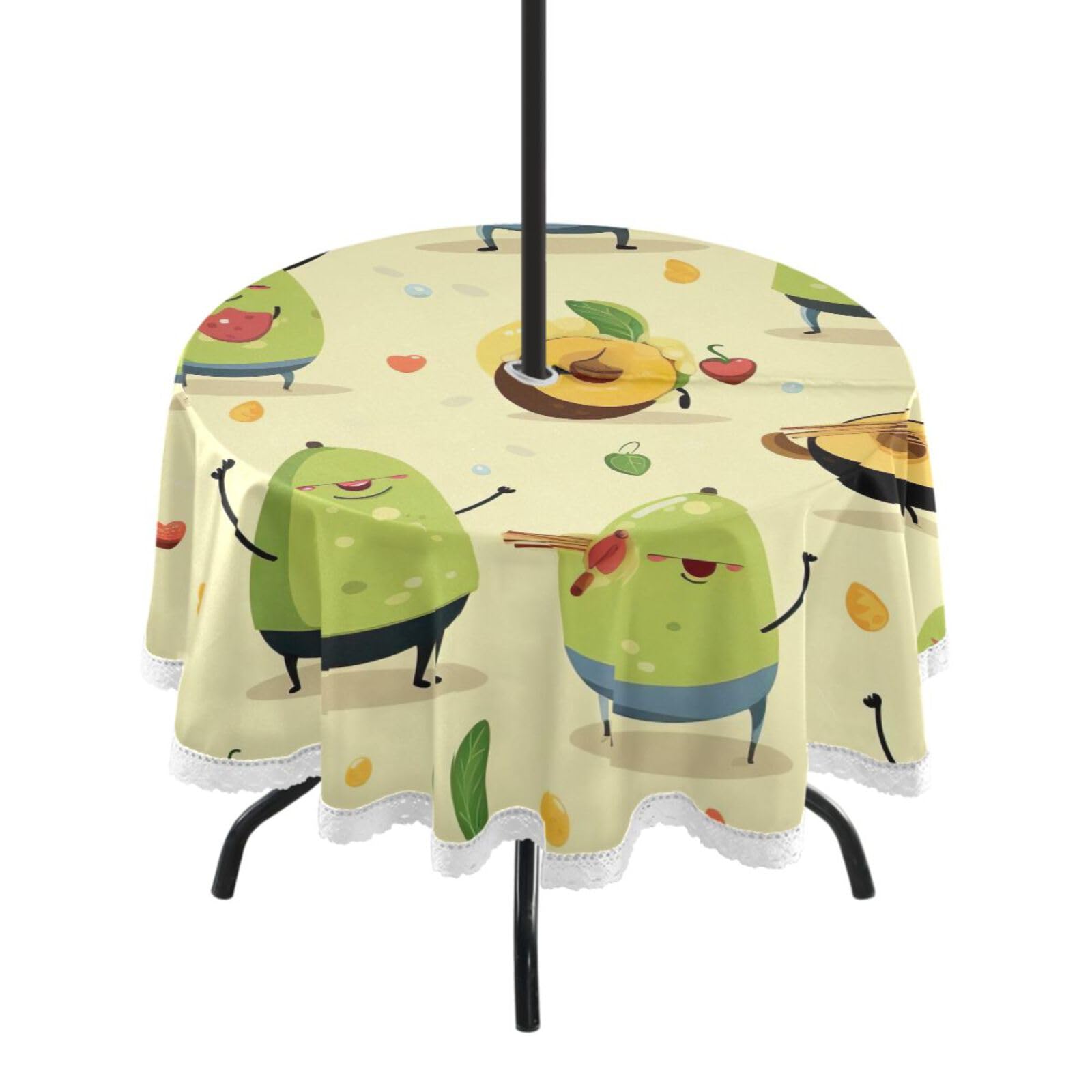 Wajiw 60 Inch Indoor Outdoor Round Tablecloth with Umbrella Hole and Zipper Waterproof Patio Table Cover for Camping Dining Room Party Outdoor Picnic,Avocados