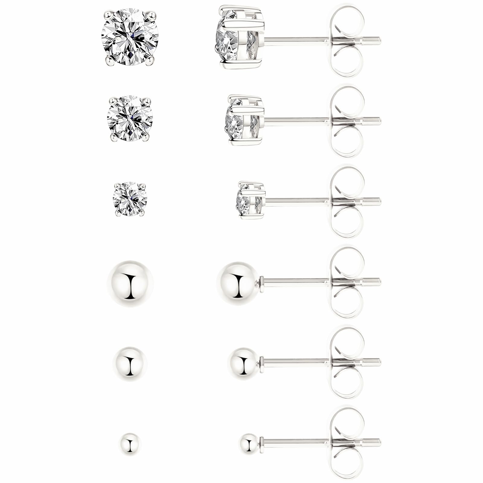 6 Pairs Stud Earrings Set Cubic Zirconia 14K Silver Hypoallergenic CZ Earrings Real Gold Plated Lightweight Earrings for Women