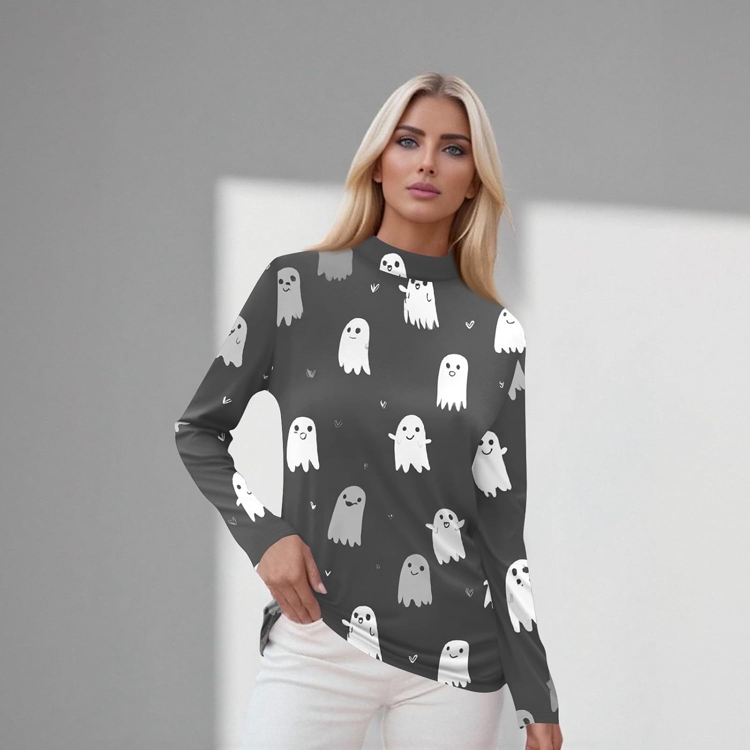 Women Halloween Fall Long Sleeve Mock Neck Ghost Graphic Shirts | Dressy Summer Tops for Women, Graphic Tshirt, Womens Summer Tees, Halloween Costume for Women, Playeras Para