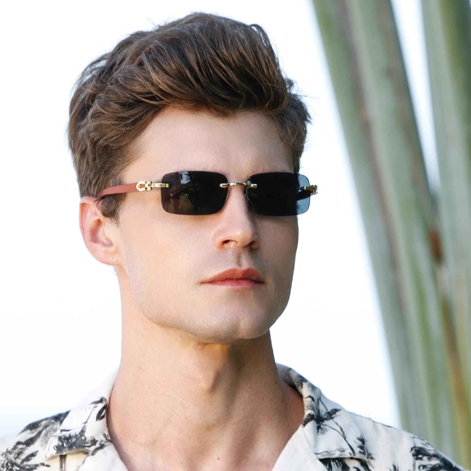 Dollger Rimless Rectangle Sunglasses for Men Women Hip-hop Wood Small Square Sunglasses Frameless 70s 90s Shades - Image 2