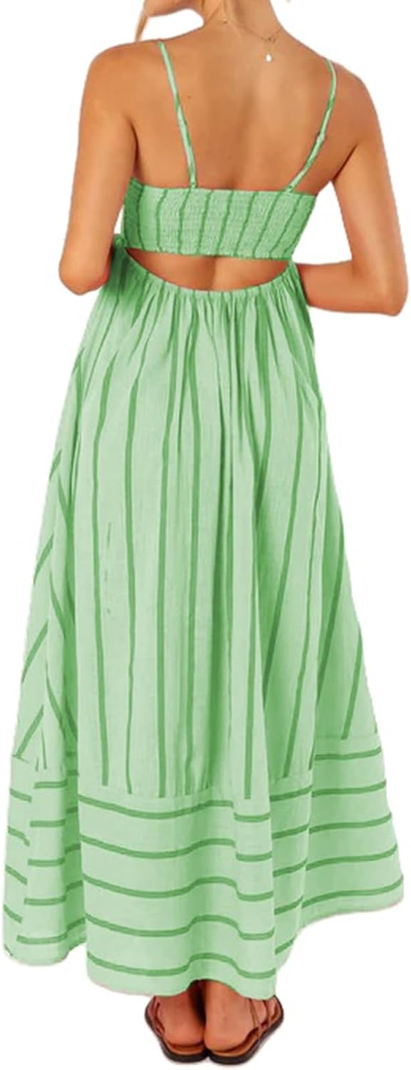 Summer Maxi Dress for Women Casual Sleeveless Spaghetti Strap Square Neck Dresses Flowy Striped Backless Sundress