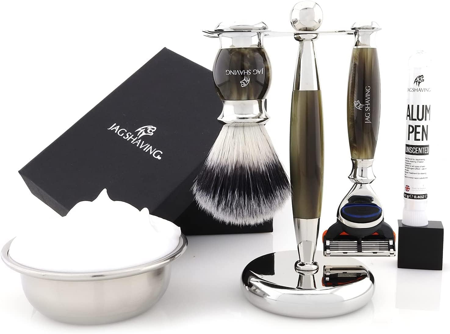 Jag Shaving Rasierset – 3-teiliges Rasierset – Jag's Lee Range – Synthetischer Silberspitzenhaar-Rasierpinsel – 5 Rasierklingen-Sicherheitsrasierer – Rasierständer – Grüne Hornimitation