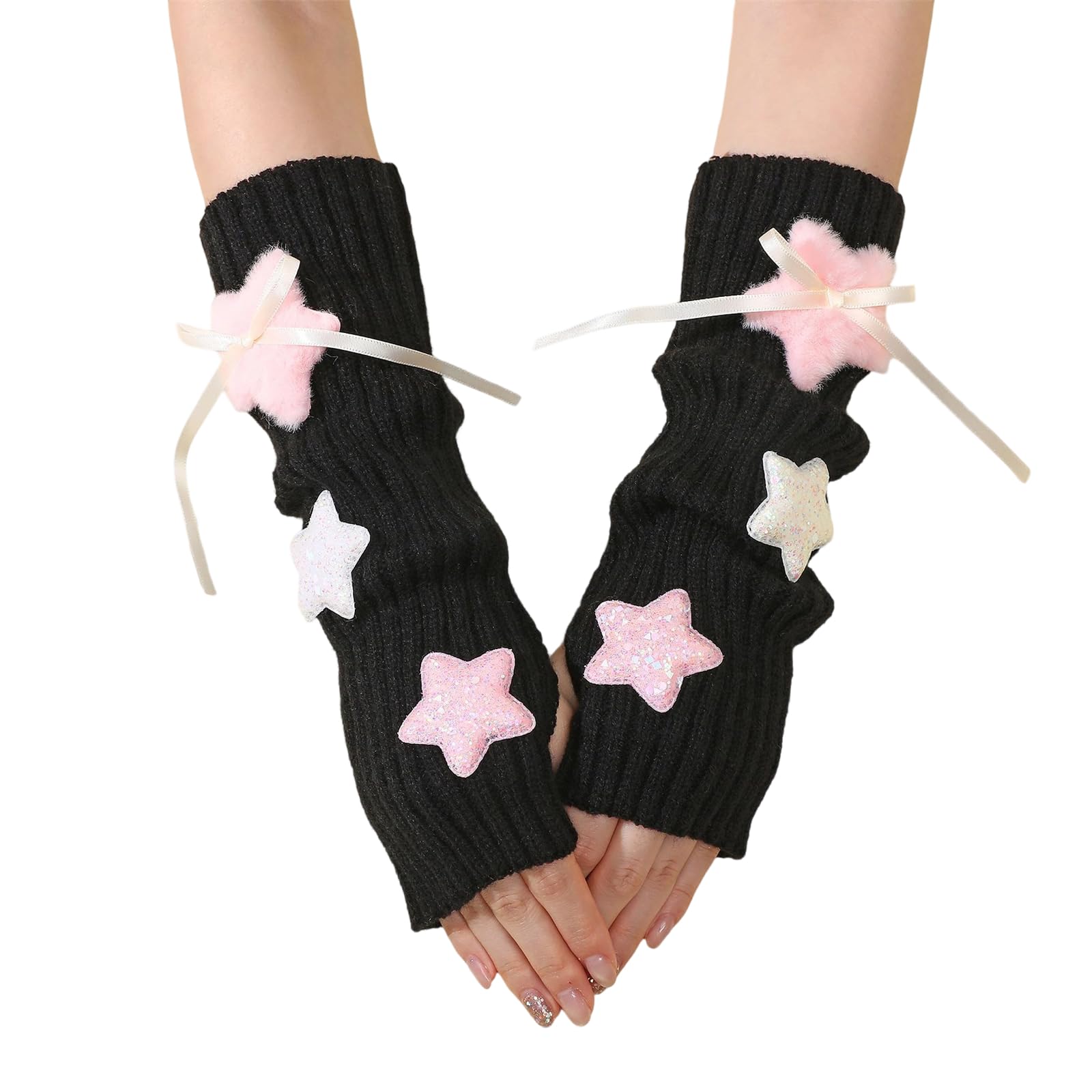 MICFENY Soft Acrylic Star Arm Warmers Oversleeve Half Finger Gloves For Winter Cycling Use