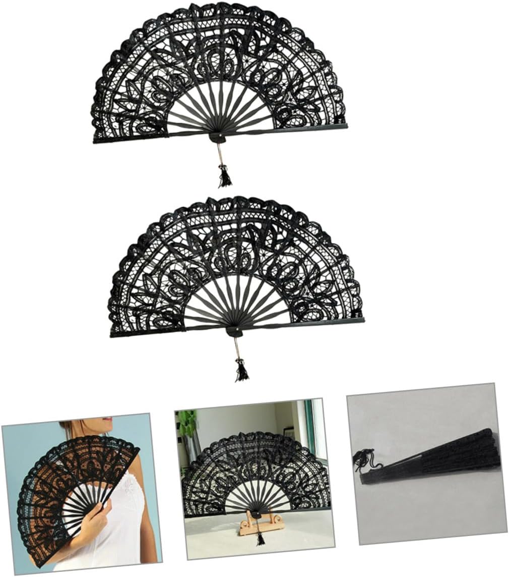 2pcs 27cm Lace Folding Fans Vintage Frame Handheld Fans for Wedding Tea Party Decoration Black