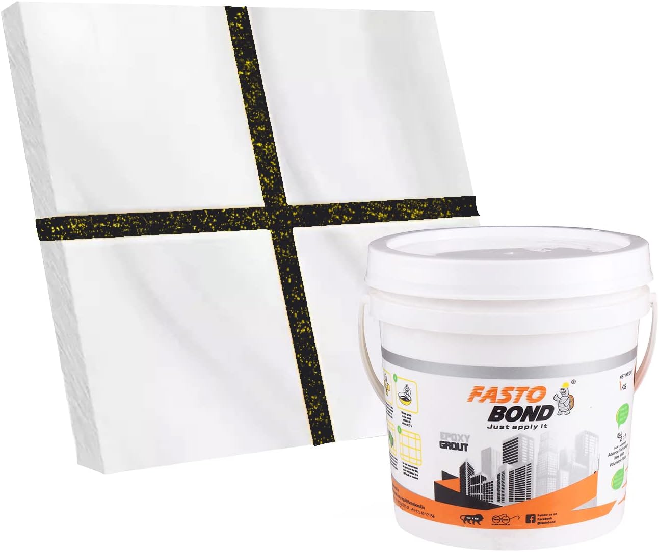 Resin Epoxy Grout - 1 Kg-3 Kg & 5 Kg - Goldan_ Glitter-Sparkle Colors Tile Grout_Fastobond | 3 Components Only | Premixed Glitter For Uniform Finish (1 Kg, Black Golden), 1 Bucket