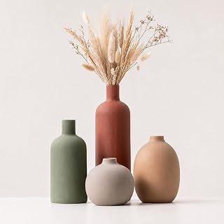 Ceramic Vase Set of 4, Modern Neutral Decorative Flower Vases | Boho Farmhouse Home Decor for Table Centerpieces, Shelf Styling, Dried & Fresh Flower Arrangemen