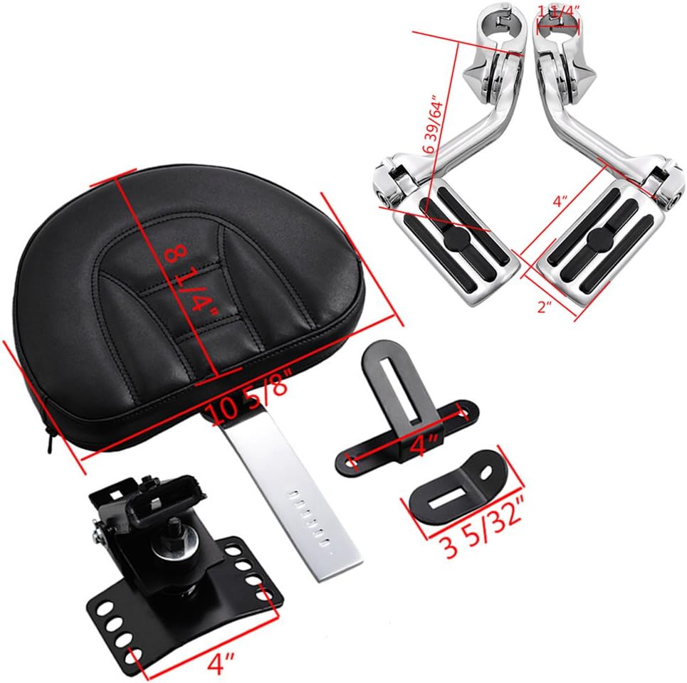 Set Compatible with 1997-2017 Harley Touring Slotted Seat 32mm Engine Guard Adjustable Plug-In Driver Rider Backrest Pocket and Footpeg with Long Angled Highway Peg Mount