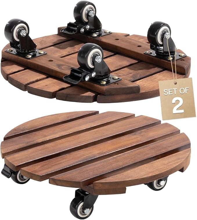 2pack Wood Plant Caddy With Wheels Heavy Duty Red Brown, 264 Lbs Capacity, 12 Inch Acacia Hardwood Plant Dolly, Plant Stand with 360° Lockable Wheels for Plant Pots, Heavy Objects Hauling