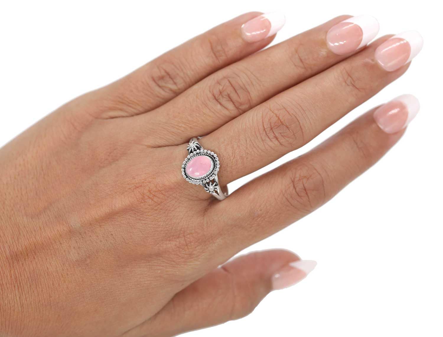 Jeweloporium Rosa Rosenquarz Silber Verstellbarer Ring, 925 Sterling Silber Ring für Damen, Ovaler Edelstein Boho Schmuck