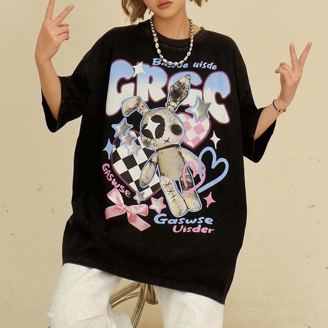 Y2K Harajuku Kawaii Goth Casual Style Soft Short Sleeve Crewneck Cartoon Print Distressed Bunny Toy T-Shirt - Image 3