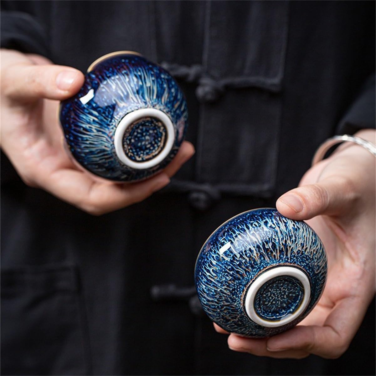 90ml Handcrafted Tianmu Glaze Tea Cup, Kiln-Change Ceramic Tea Bowl with Petal-Shaped Rim, Traditional Chinese Gongfu Master Teacup with Gift Box(Circular)