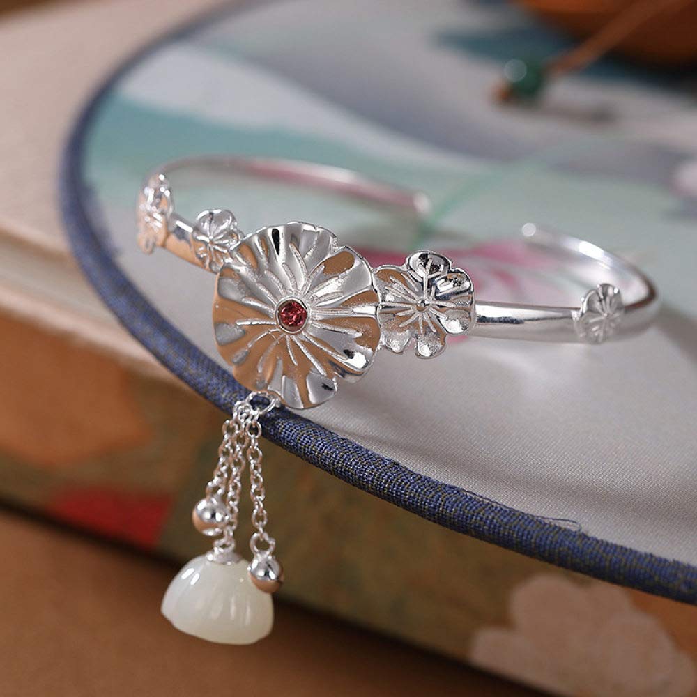 S925 Vintage Pulsera De Plata para Mujeres Hombres Jade Lotus Borla Apertura Simple Y Sencillo Estilo Chino Personalidad Creativa Encanto Hermoso Regalo