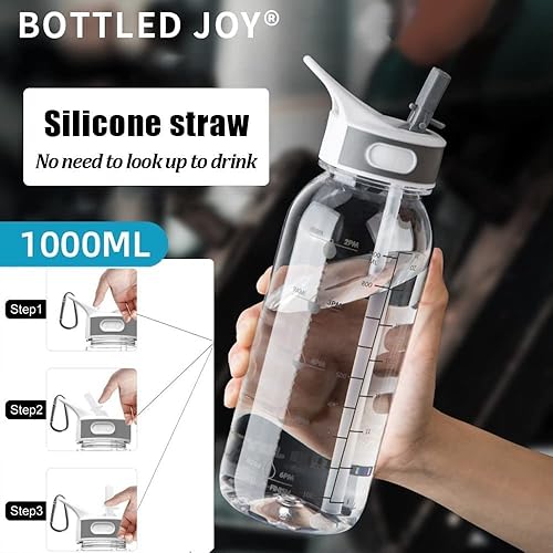 Miniatura 6 de Botella de agua con popote de silicona, botella de agua de Tritan motivacional sin BPA de 32 onzas 1 litro, botella de grado alimenticio con