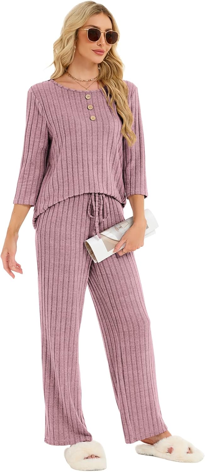 VUTRU Women 2 Piece Pant Set Matching Sweater Lounge Outfits Fall Pajamas 3/4 Sleeve Comfy Travel Airport Casual Clothes - Image 6