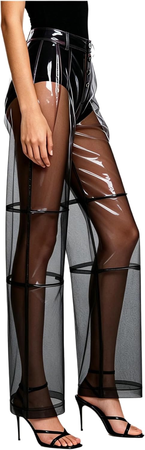 Women Clear PVC Pants Wide Leg Straight-Leg Trousers Club Bar Wear Clubwear Sheer Bloomers for Rave