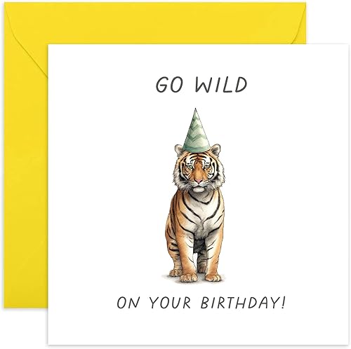 Old English Co. Tarjeta de cumpleaños divertida con sombrero de tigre con texto en inglés Go Wild, estilo moderno de animales para adultos, unisex,