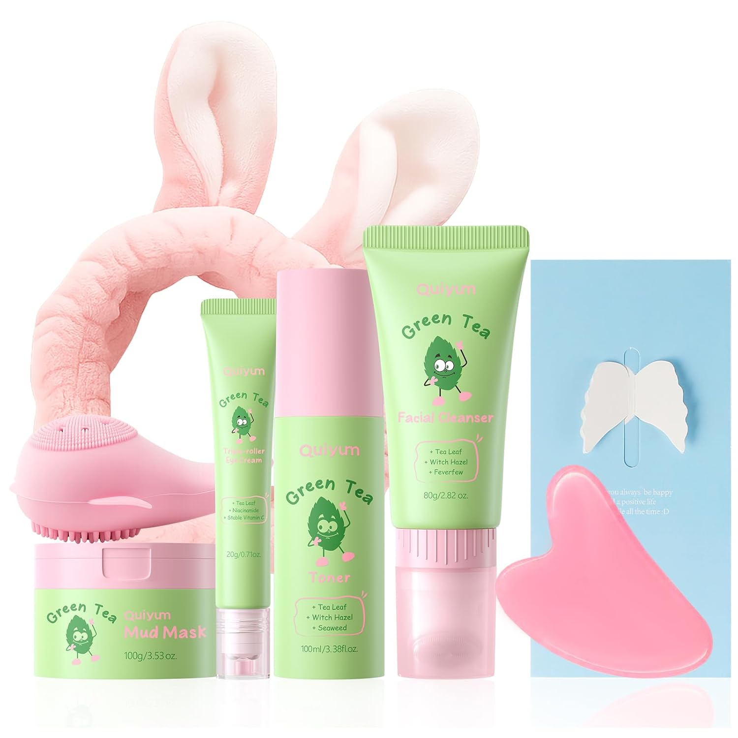 Green Tea Skin Care Set, Korean Style Facial Skincare Products, Routine Skin Care for Teens, Gift Set with Toner, Facial Cleanser, Clay Mask, Eye Cream, GUASHA Broad, Face Wash Brush & Headband Green Tea Skin Care Set, Korean Style Facial Skincare Products, Routine Skin Care for Teens, Gift Set with Toner, Facial Cleanser, Clay Mask, Eye Cream, GUASHA Broad, Face Wash Brush & Headband