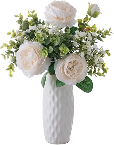 KIRIFLY Flores artificiales falsas en jarrón, centros de mesa de flores de seda sintética para decoración del hogar de boda (Peony Babysbreath)