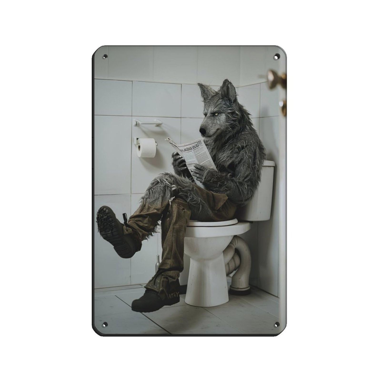 Werewolf Sitting on The Toilet Reading A Newspaper Tin Sign Vintage Metal Pub Club Cafe Bar Home Wall Art Decoration Poster Retro 8x12inch(20x30cm)