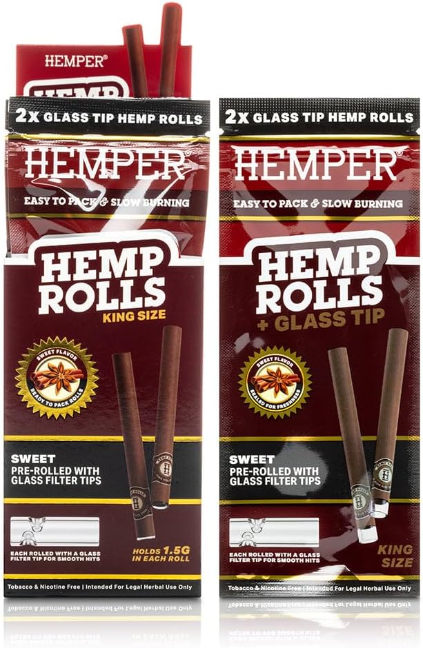 Hemper Pre-Rolled King Size Hemp Rolls with Reusable Glass Tips - 2PK | 12ct Display | Hand-Rolled, Natural Hemp Paper Rolls in Protective Case for Smooth, Clean Burn and Freshness - (Blueberry)