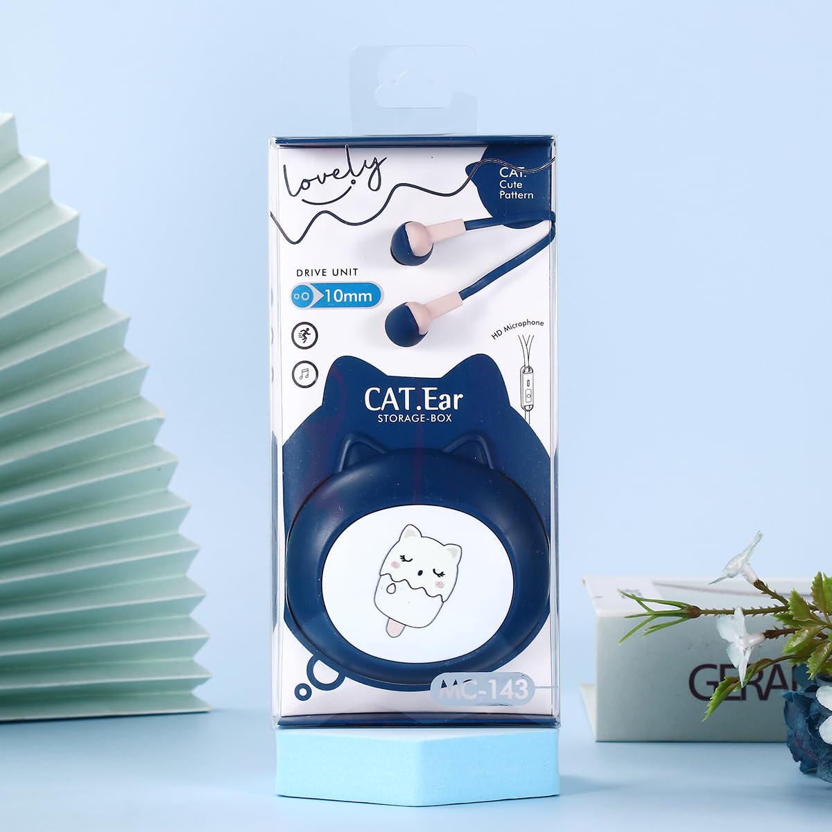 QearFun Cat Earbuds for Kids, Kawaii Wired in-Ear Headphones Gift for School Girls and Boys with Microphone and Cute Kitty Storage Case (Cat Blue)