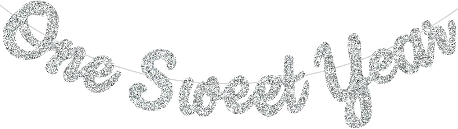 BEISHIDA Pink Glitter Sweet 1 Year Banner(Pre-Strung), First Birthday Anniversary Party Decorations Supplies for Boys Girls, Sweet Bunting Sign,1st Bday Baby Shower Hanging banner