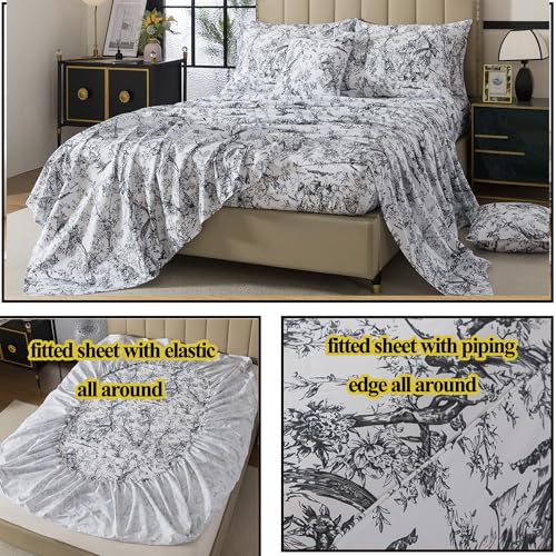 Image of FADFAY Bird Sheets Set Full 100% Egyptian Cotton Black and White Toile de Jouy Bedding Vintage Rose Floral Farmhouse Bedding Shabby Chinoiserie French Country Sheets Deep Pocket Soft Breathable 4Pcs