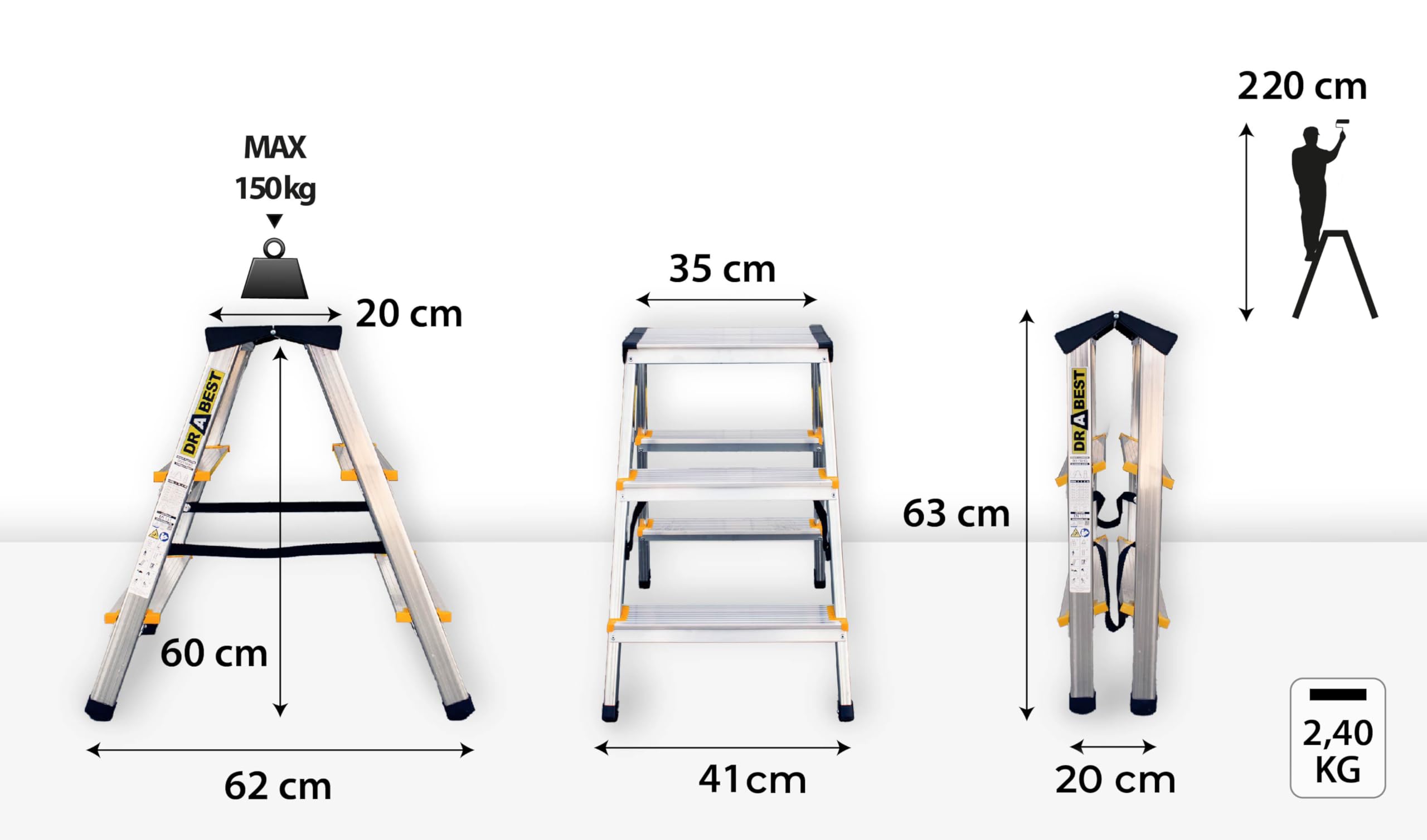 DRBAEST ÉCHELLES SÉRIES Pro Échelle en Aluminium 2X 3 Marches Pliant Escabeau Double Antidérapants Marchepied Léger Domestique Charge Max 150 kg