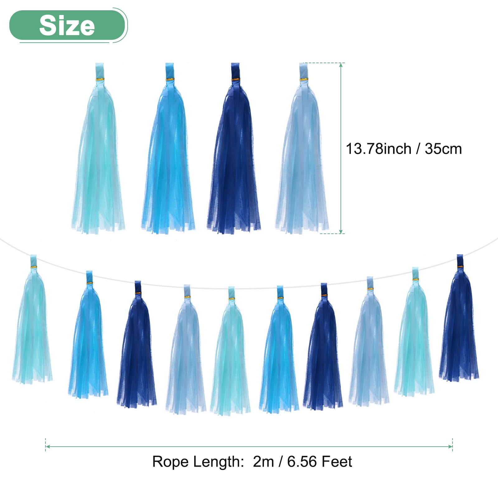 M METERXITY Quasten-Girlande mit Seil, Seidenpapier, 35,5 cm, Quasten-Girlande, Dekoration, Quasten, Banner für Jahrestag/Hochzeit, Geburtstag/Party [Hellblau, Himmelblau, Dunkelblau, Seeblau]