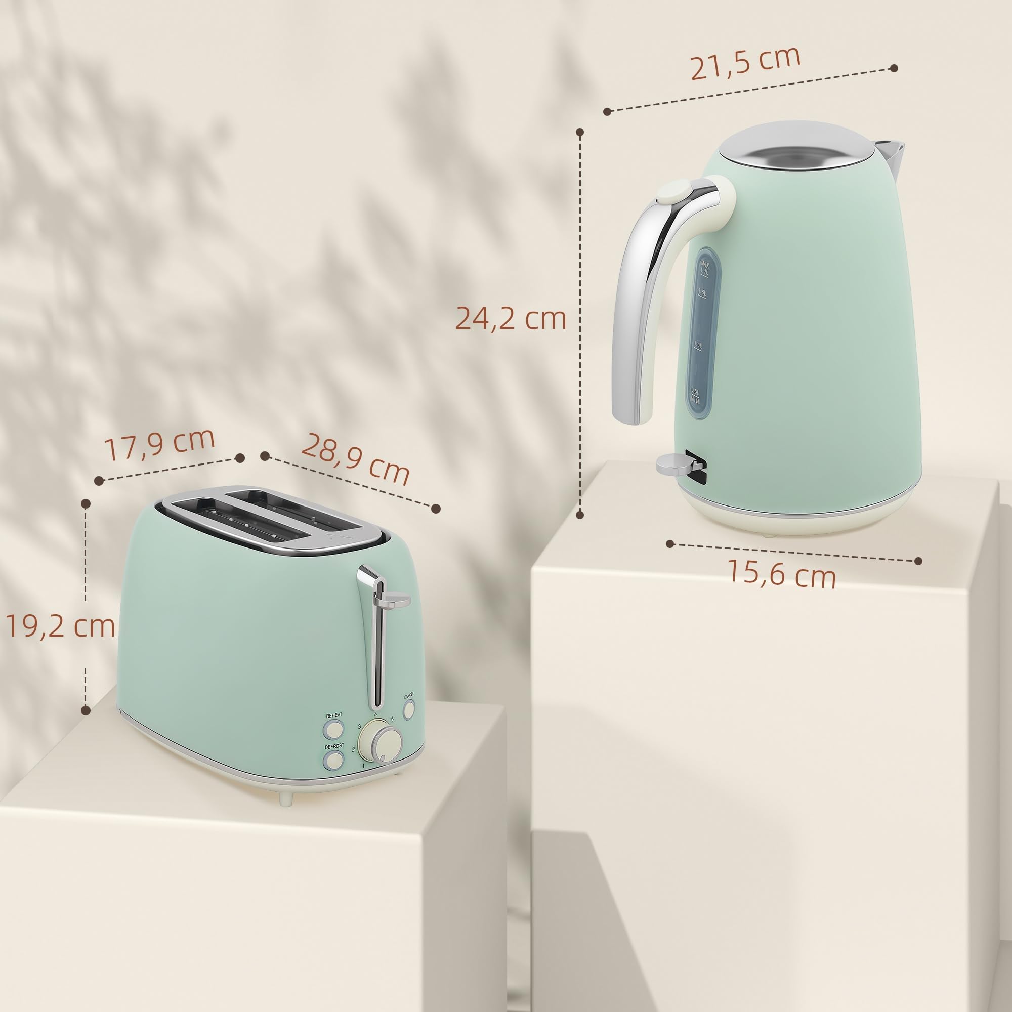 HOMCOM Edelstahl Wasserkocher und Toaster Set 2200 W 1,7 L 2-Scheiben-Toaster 7 Bräunungsstufen grün