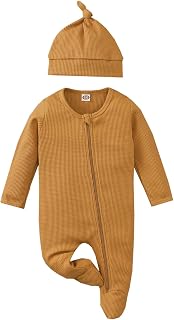 Unisex Newborn Infant Baby Boy Girl Footie Romper Solid Waffle Knit Side Zipper Jumpsuit Coverall Clothes Set 2-Packs
