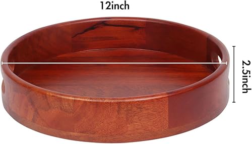 Miniatura 5 de LAVAUK Bandeja redonda de madera de mango de 12 pulgadas con asas, bandeja de madera con acabado de caoba para aperitivos, café, té, barbacoa o