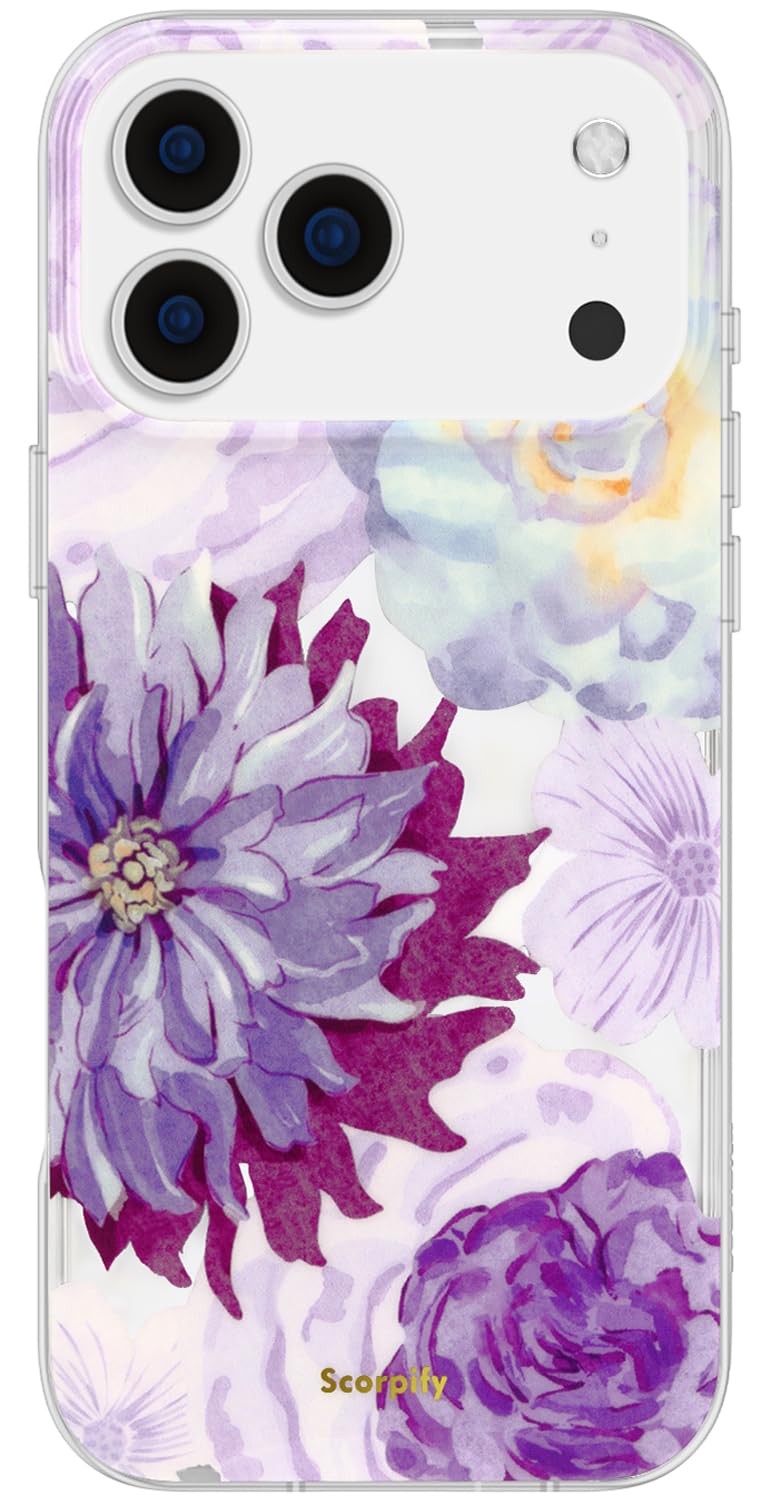 SCORPIFY for iPhone 17 Pro Case [Compatible with MagSafe] with Purple Zinnia Floral Design, Cute Clear Magnetic Phone Cover for Women Girls, [10FT MIL-Grade Drop Protection] Slim Stylish Bumper