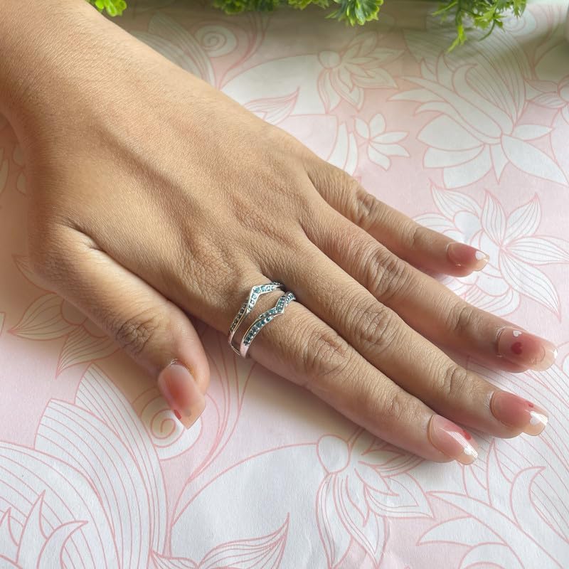 Blue Topaz V Shaped Enhancer Guard For Women, 14k Gold Finish Blue Topaz Wrap Ring, Anniversary Band