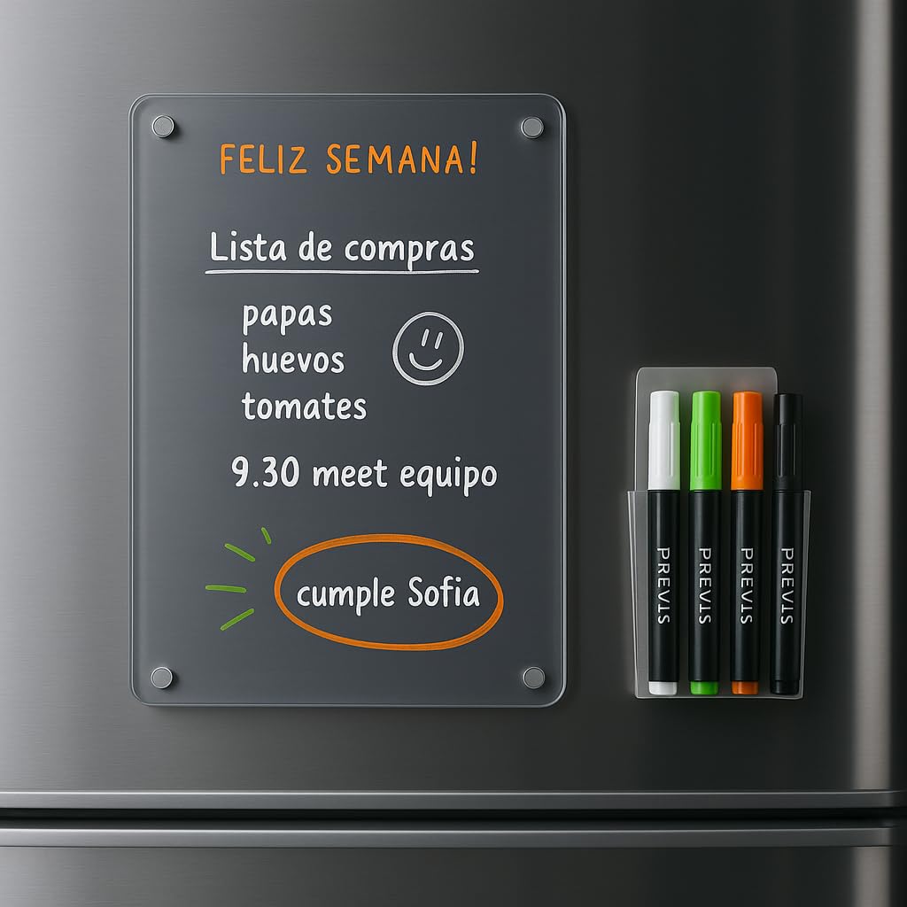 PREVIS Pizarra Magnetica Nevera Transparente Minimalista y Estilosa A4 para Anotar Tareas, Menú, Lista Compra con 4 Rotuladores de Colores Vivos y Soporte Imantado - Board Iman Nevera para Organizar