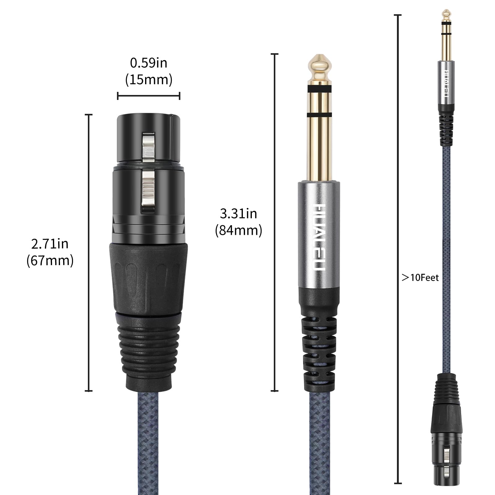 Paquete de 2 cables de micrófono TRS macho de 1/4 a XLR hembra de 3 pines, cable equilibrado trenzado de 6,35 mm TRS a XLR hembra de 10 pies para micrófono mezclador, altavoces activos