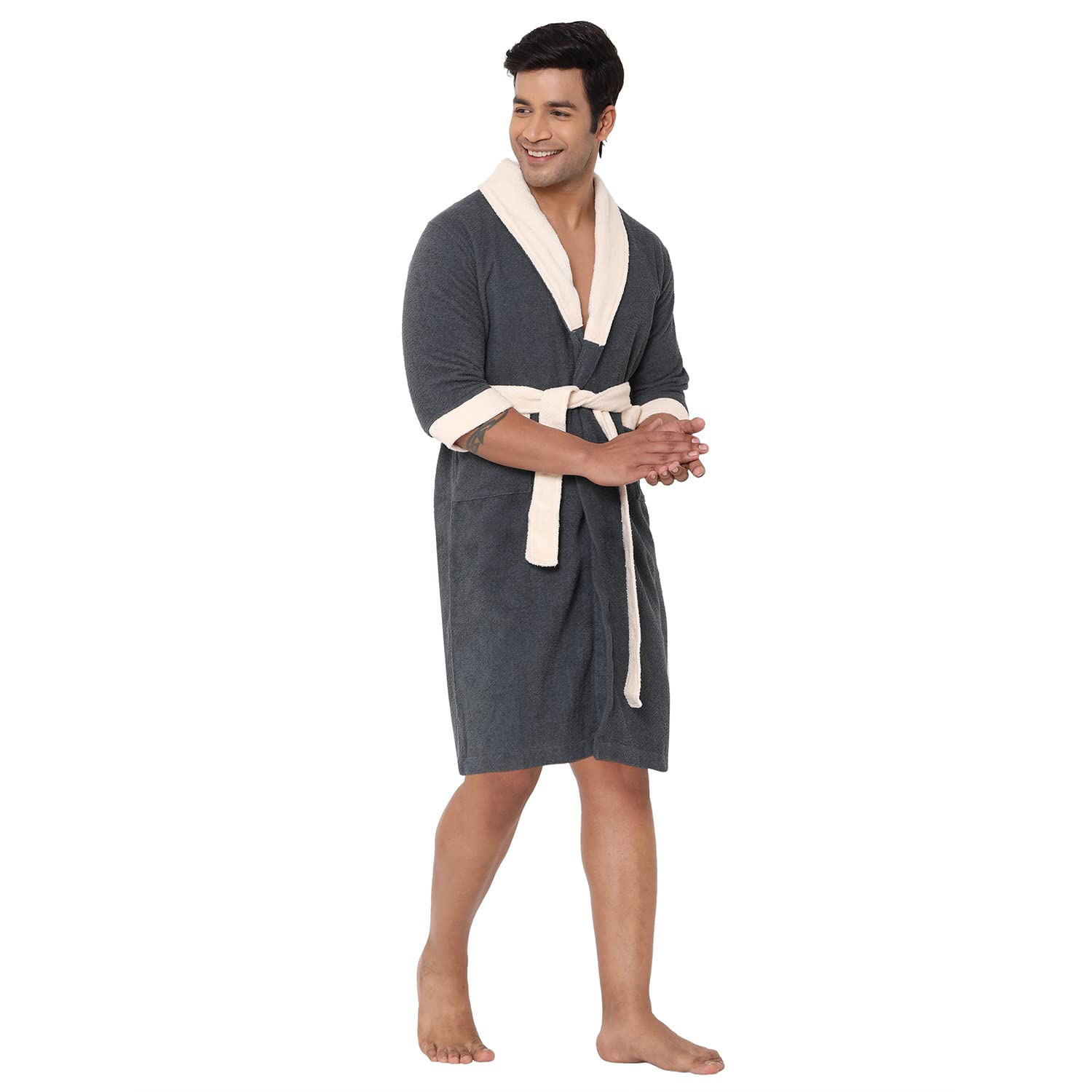 Spaces 100% Cotton Breatheable Bath Robe For Men | Soft Feel Skin Safe | 300 GSM - Grey